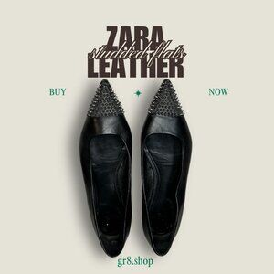 Zara Black Leather Studded Pointed-Toe Flats Size 7